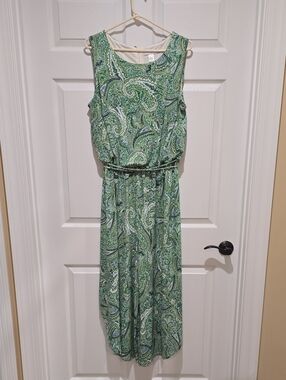 London Times Green Paisley Sleeveless Maxi Jumpsuit with Elastic Waist